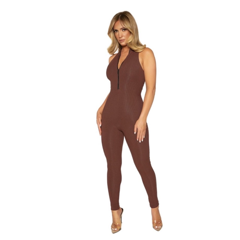 Naked wardrobe sleeveless chocolate baby snatched zip up new ribbed jumpsuit